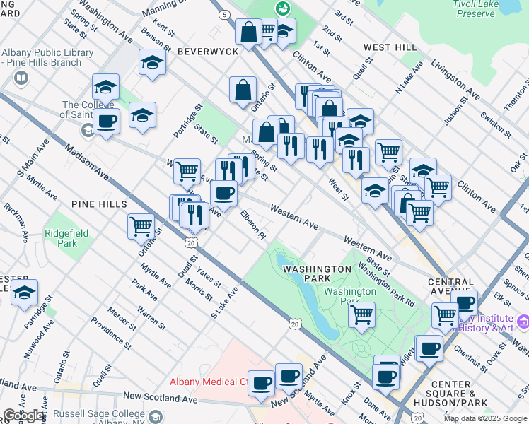 map of restaurants, bars, coffee shops, grocery stores, and more near 188 Western Avenue in Albany
