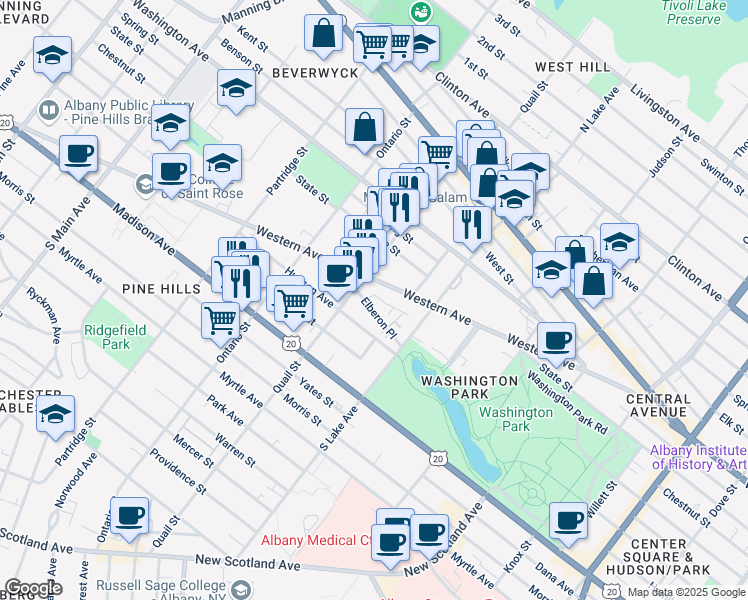 map of restaurants, bars, coffee shops, grocery stores, and more near in Albany