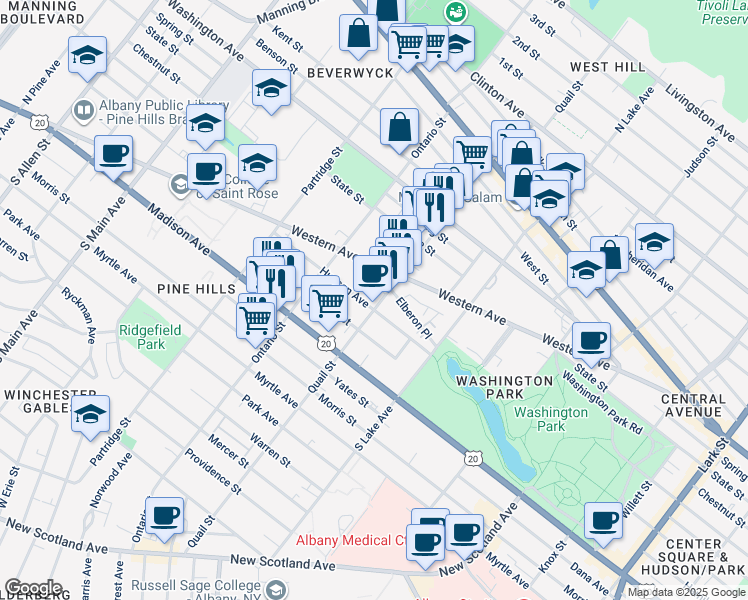map of restaurants, bars, coffee shops, grocery stores, and more near 465 Hudson Avenue in Albany