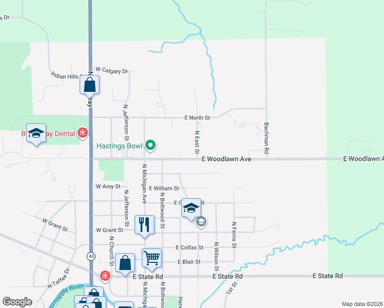 map of restaurants, bars, coffee shops, grocery stores, and more near 1500 North East Street in Hastings
