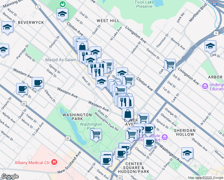 map of restaurants, bars, coffee shops, grocery stores, and more near 171 Central Avenue in Albany