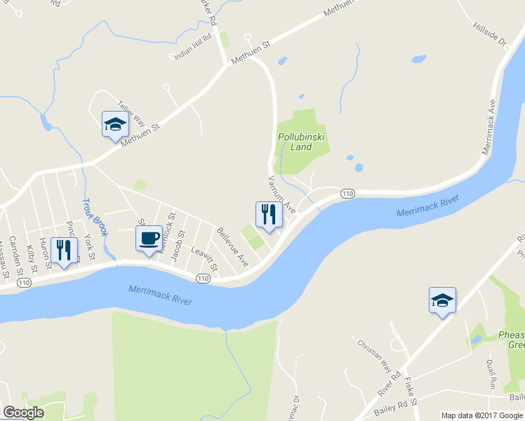 map of restaurants, bars, coffee shops, grocery stores, and more near 49 Draycott Avenue in Dracut