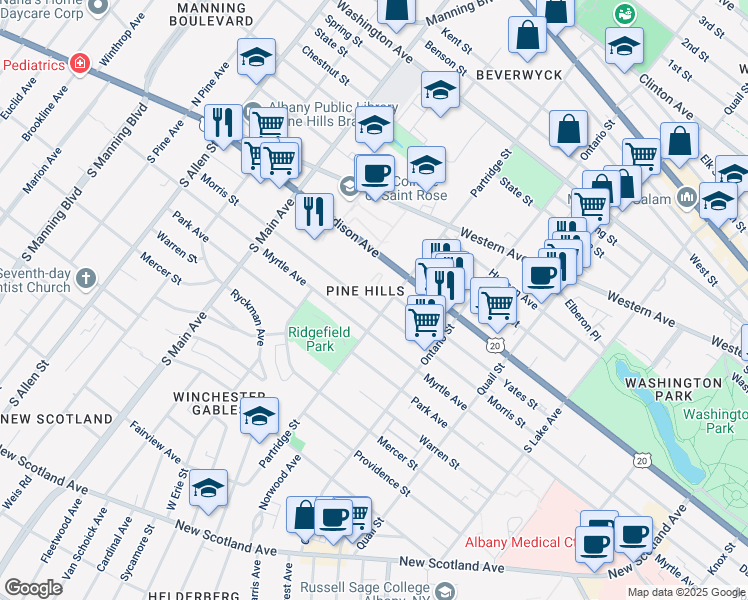 map of restaurants, bars, coffee shops, grocery stores, and more near in Albany