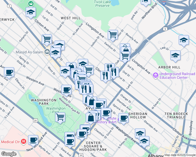 map of restaurants, bars, coffee shops, grocery stores, and more near 395 Orange Street in Albany