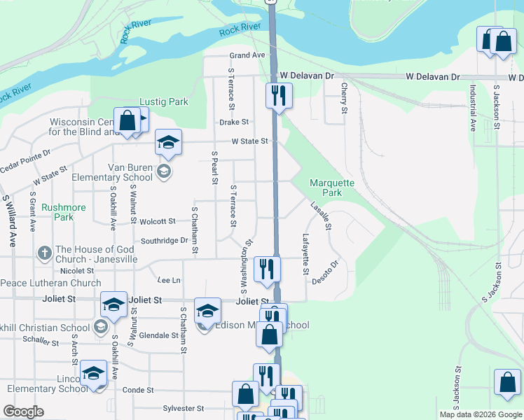 map of restaurants, bars, coffee shops, grocery stores, and more near 1331 South Washington Street in Janesville