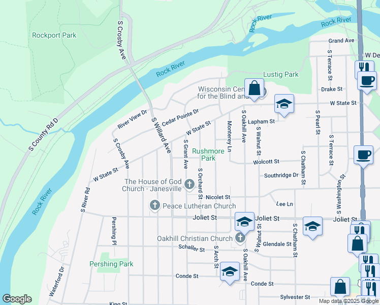 map of restaurants, bars, coffee shops, grocery stores, and more near 1335 South Grant Avenue in Janesville