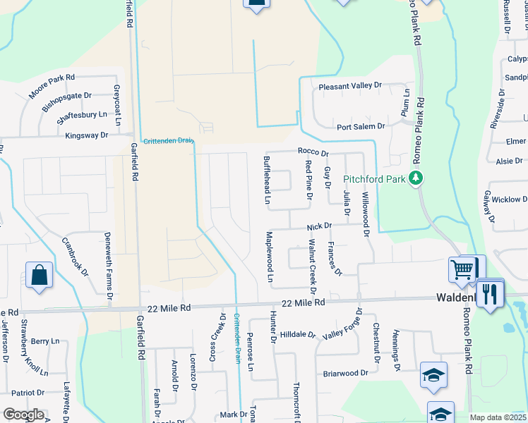 map of restaurants, bars, coffee shops, grocery stores, and more near 48582 Bingham Lane in Macomb