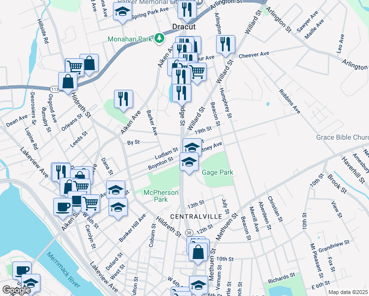 map of restaurants, bars, coffee shops, grocery stores, and more near in Lowell