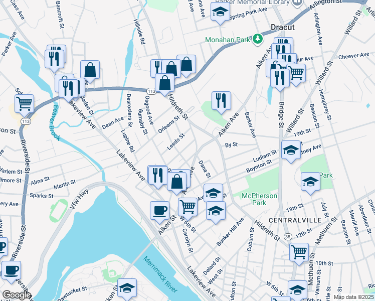 map of restaurants, bars, coffee shops, grocery stores, and more near 126 Farmland Road in Lowell