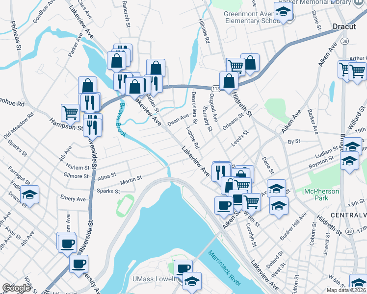 map of restaurants, bars, coffee shops, grocery stores, and more near 957 Lakeview Avenue in Lowell