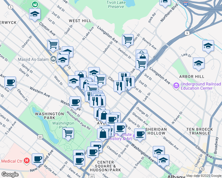 map of restaurants, bars, coffee shops, grocery stores, and more near 395 Orange Street in Albany