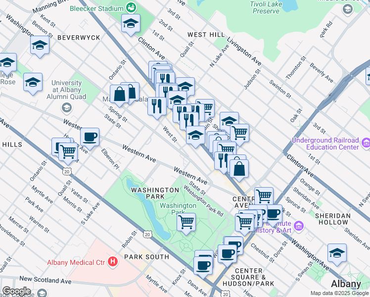 map of restaurants, bars, coffee shops, grocery stores, and more near in Albany