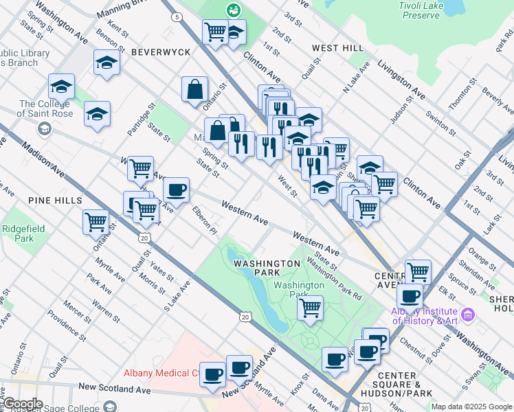 map of restaurants, bars, coffee shops, grocery stores, and more near 135 Western Avenue in Albany