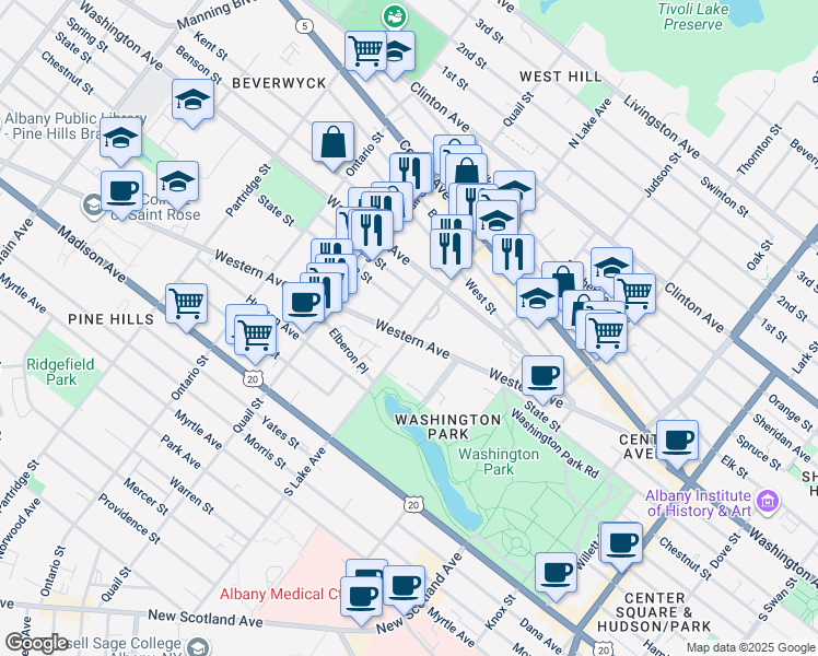 map of restaurants, bars, coffee shops, grocery stores, and more near 38 Cortland Place in Albany