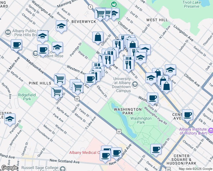 map of restaurants, bars, coffee shops, grocery stores, and more near 188 Western Avenue in Albany