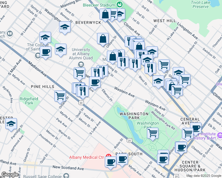 map of restaurants, bars, coffee shops, grocery stores, and more near 188 Western Avenue in Albany