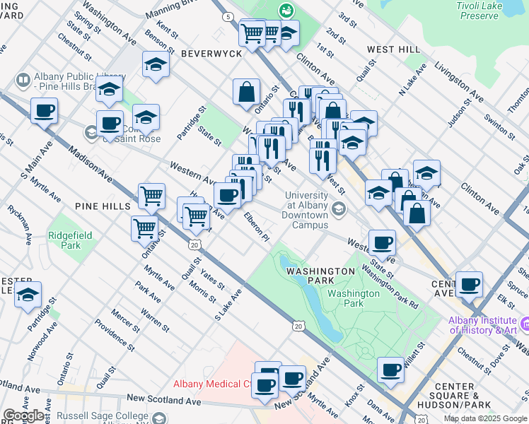 map of restaurants, bars, coffee shops, grocery stores, and more near 188 Western Avenue in Albany