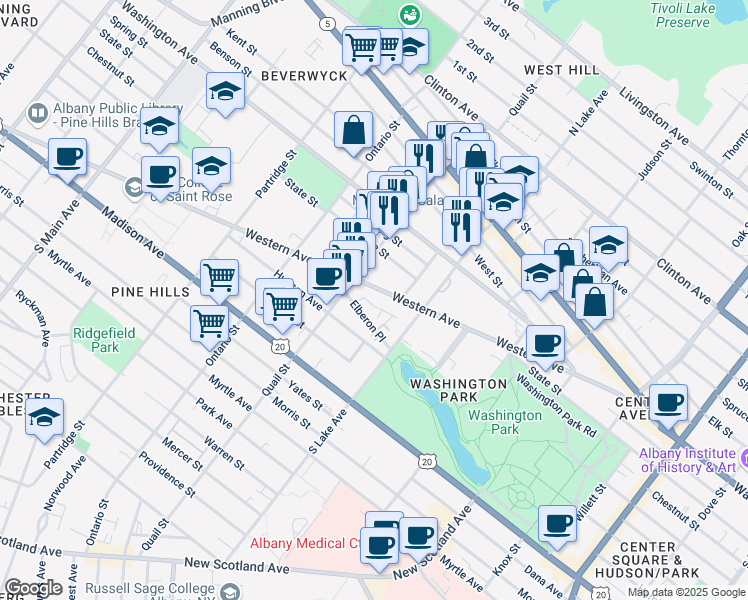 map of restaurants, bars, coffee shops, grocery stores, and more near 188 Western Avenue in Albany