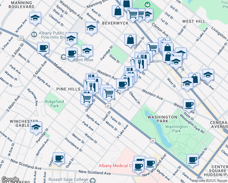 map of restaurants, bars, coffee shops, grocery stores, and more near 465 Hudson Avenue in Albany