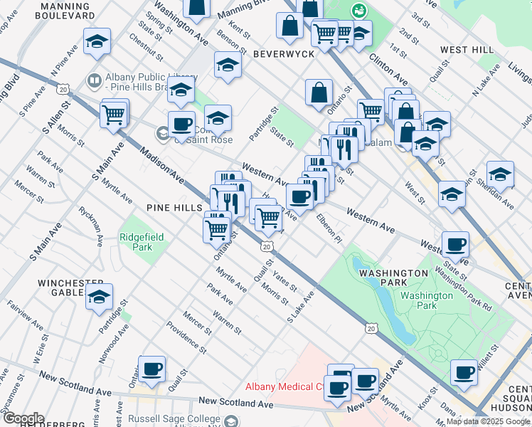 map of restaurants, bars, coffee shops, grocery stores, and more near 492 Hudson Avenue in Albany