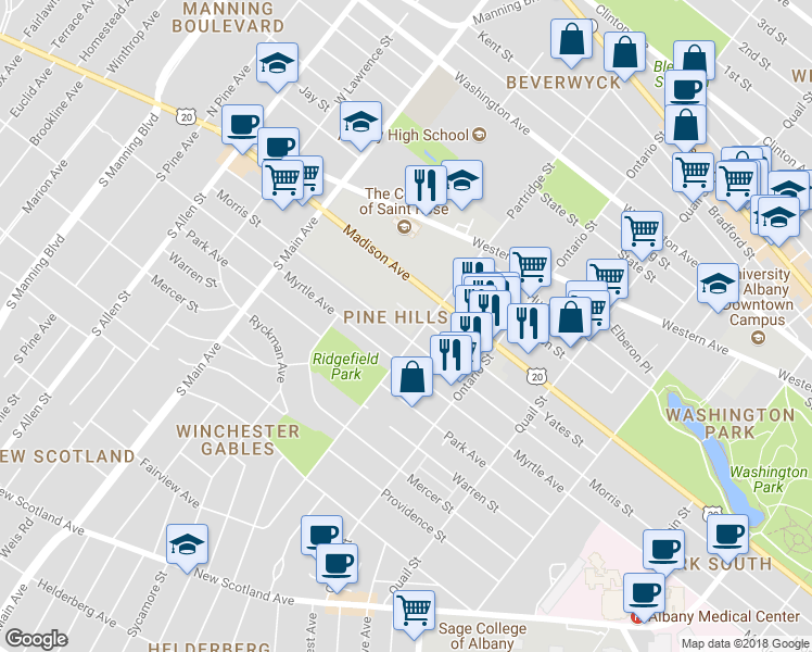 map of restaurants, bars, coffee shops, grocery stores, and more near 543 Yates Street in Albany
