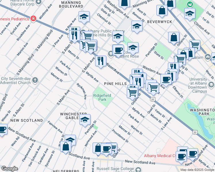 map of restaurants, bars, coffee shops, grocery stores, and more near 569 Morris Street in Albany
