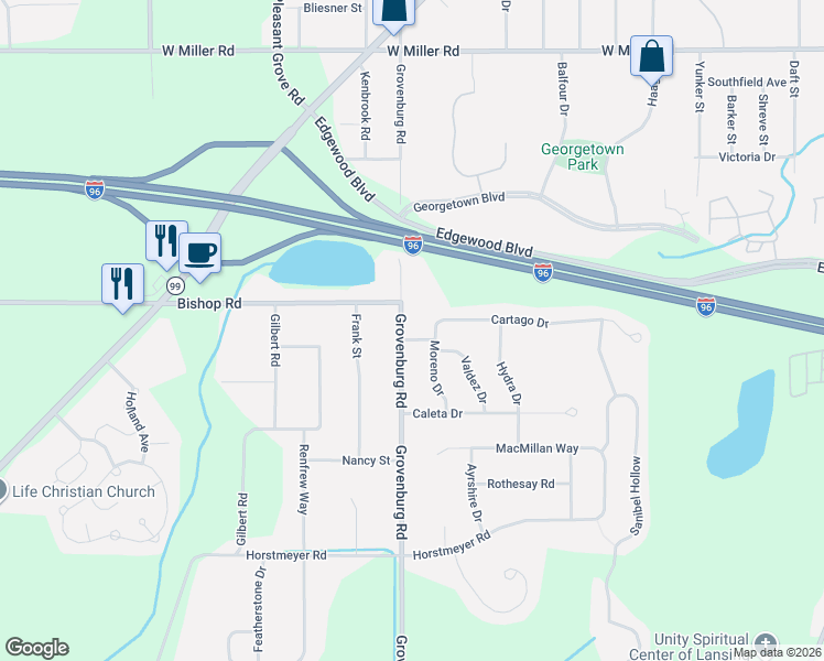 map of restaurants, bars, coffee shops, grocery stores, and more near 2734 Grovenburg Road in Lansing
