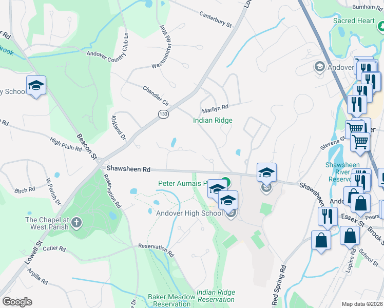 map of restaurants, bars, coffee shops, grocery stores, and more near 163A Shawsheen Road in Andover