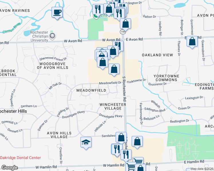 map of restaurants, bars, coffee shops, grocery stores, and more near 109 Meadow Lane Circle in Rochester Hills