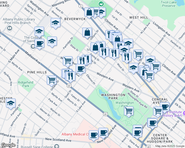 map of restaurants, bars, coffee shops, grocery stores, and more near 188 Western Ave in Albany