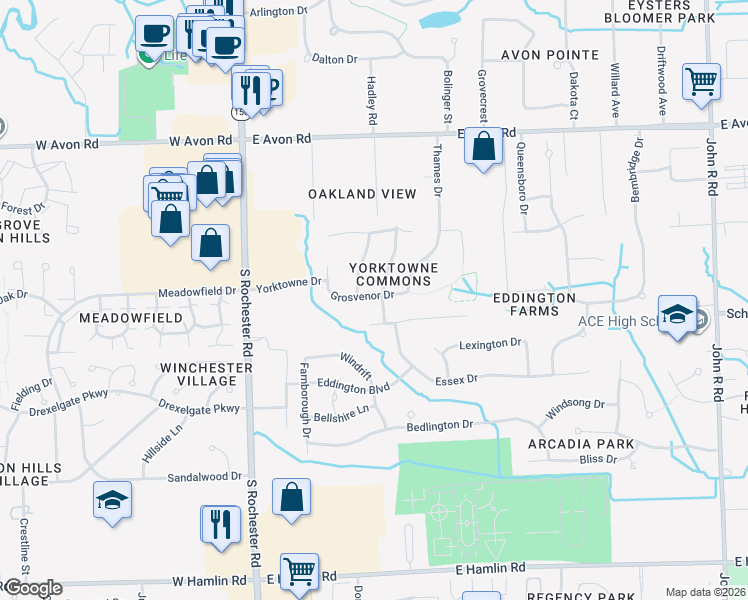 map of restaurants, bars, coffee shops, grocery stores, and more near 1351 Essex Drive in Rochester Hills