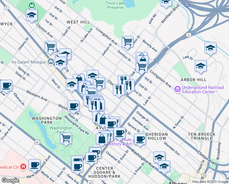 map of restaurants, bars, coffee shops, grocery stores, and more near 377 Orange Street in Albany