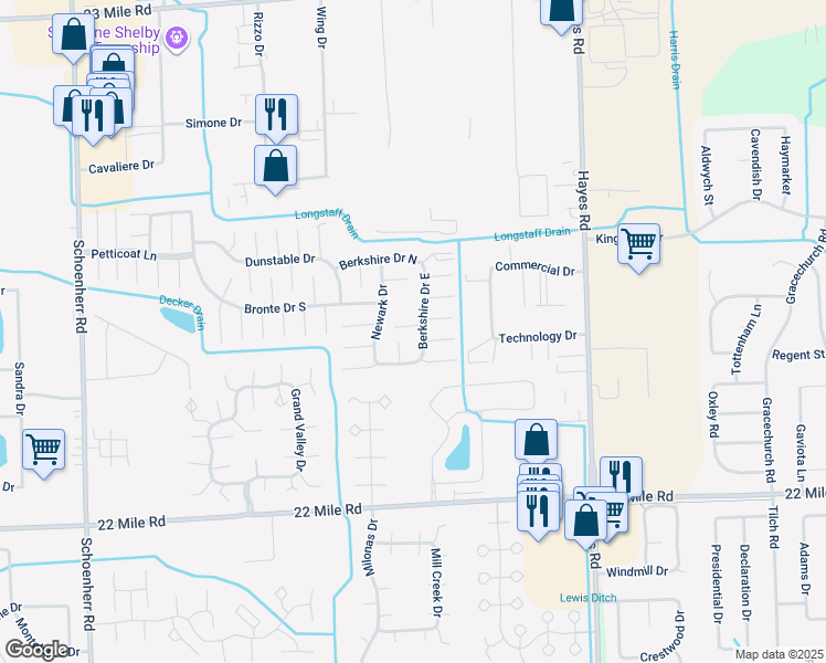 map of restaurants, bars, coffee shops, grocery stores, and more near 14569 Leeds Court in Shelby Township