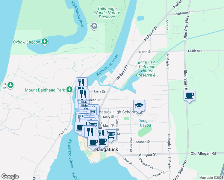 map of restaurants, bars, coffee shops, grocery stores, and more near 790 Simonson Drive in Saugatuck