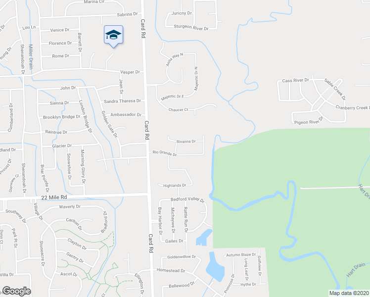 map of restaurants, bars, coffee shops, grocery stores, and more near 49360 Card Road in Macomb