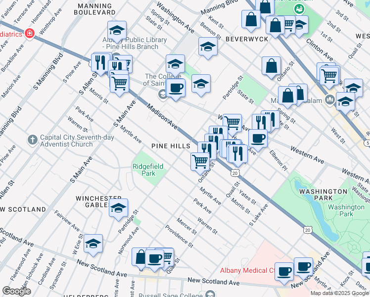 map of restaurants, bars, coffee shops, grocery stores, and more near Partridge Street & Yates Street in Albany