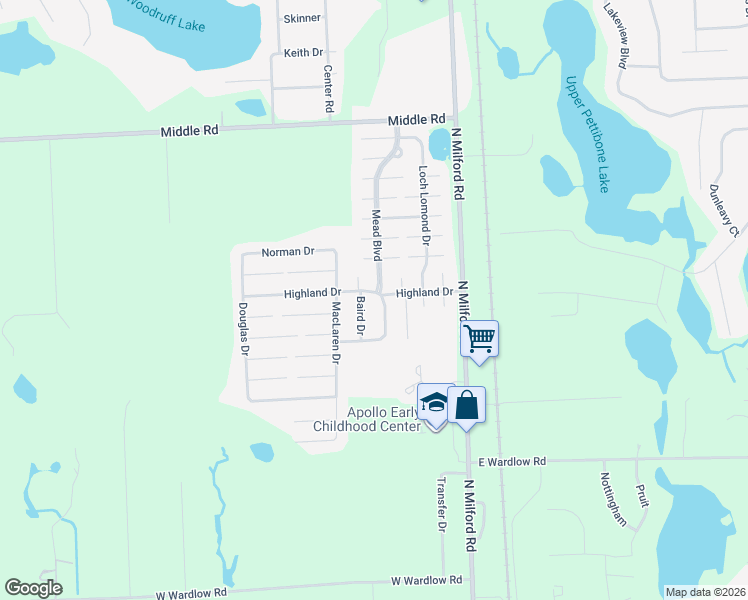 map of restaurants, bars, coffee shops, grocery stores, and more near 136 Highland Boulevard in Highland charter Township