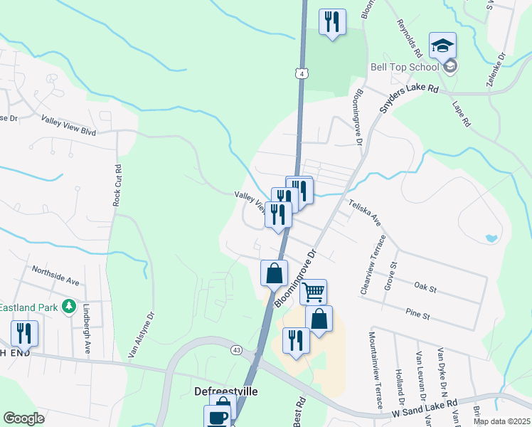 map of restaurants, bars, coffee shops, grocery stores, and more near 131 Valley View Boulevard in Rensselaer