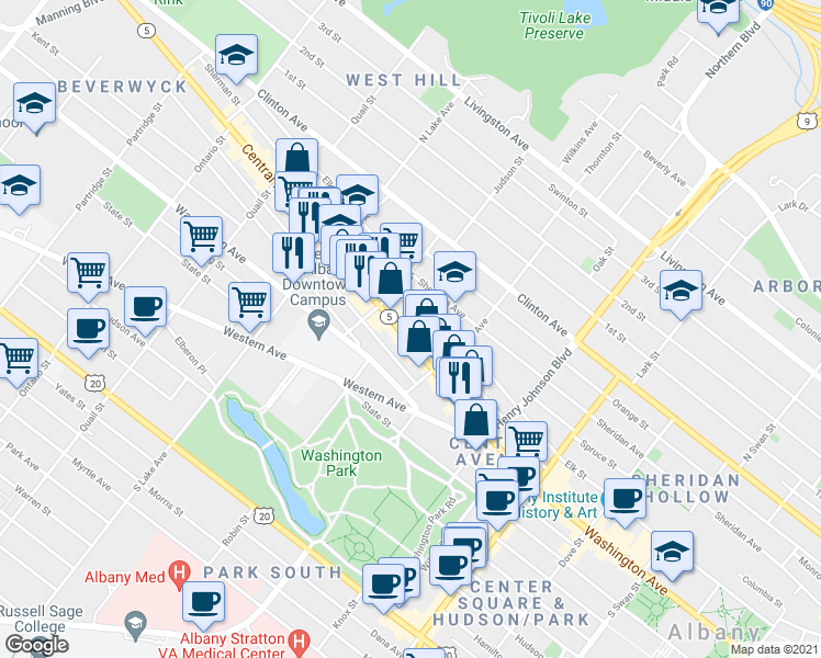map of restaurants, bars, coffee shops, grocery stores, and more near 161 Central Avenue in Albany