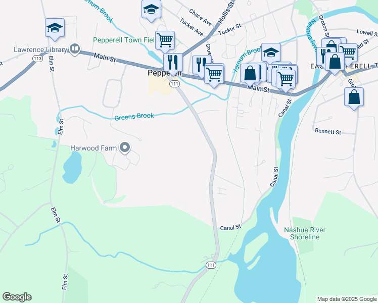 map of restaurants, bars, coffee shops, grocery stores, and more near 27 River Road in Pepperell