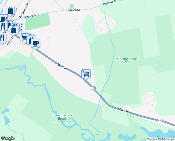 map of restaurants, bars, coffee shops, grocery stores, and more near 3 Greeley Road in Townsend