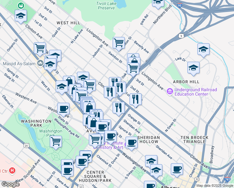 map of restaurants, bars, coffee shops, grocery stores, and more near in Albany