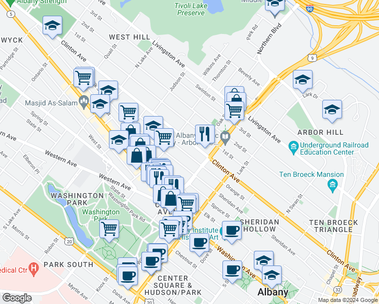 map of restaurants, bars, coffee shops, grocery stores, and more near 395 Orange Street in Albany