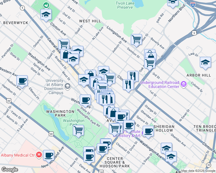 map of restaurants, bars, coffee shops, grocery stores, and more near 67 Lexington Avenue in Albany