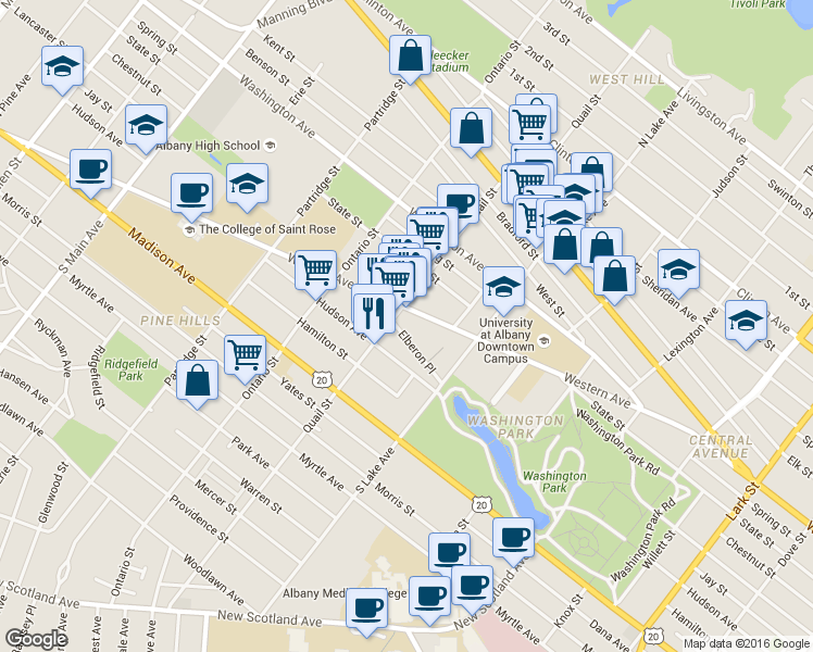 map of restaurants, bars, coffee shops, grocery stores, and more near in Albany