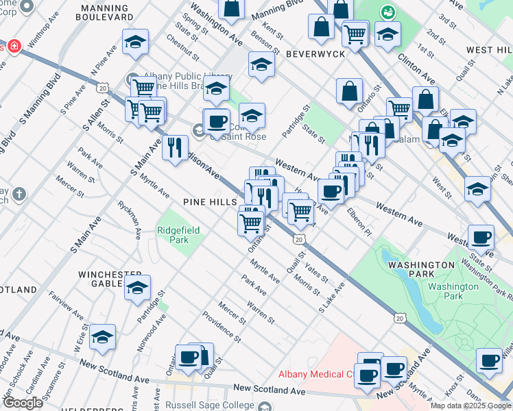 map of restaurants, bars, coffee shops, grocery stores, and more near 890 Madison Avenue in Albany