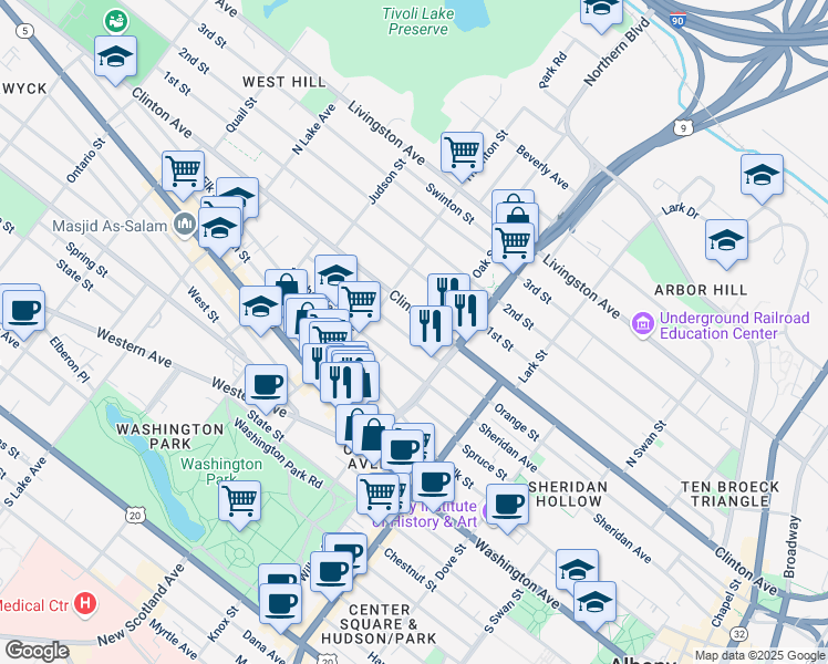 map of restaurants, bars, coffee shops, grocery stores, and more near 395 Orange Street in Albany