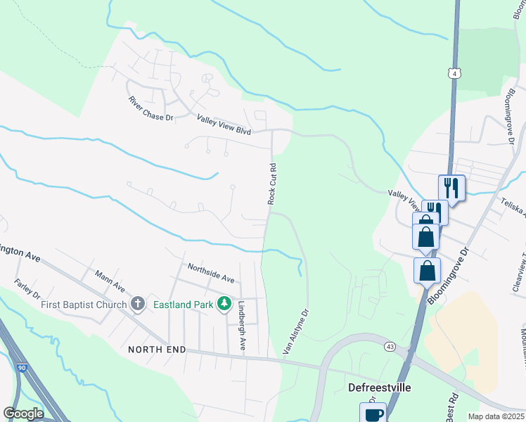 map of restaurants, bars, coffee shops, grocery stores, and more near 41 Rock Cut Road in Rensselaer