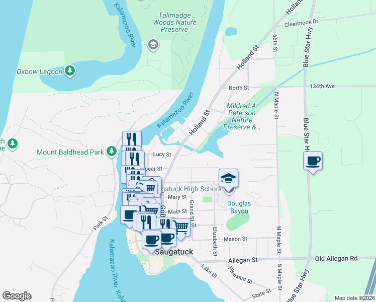 map of restaurants, bars, coffee shops, grocery stores, and more near 790 Simonson Drive in Saugatuck