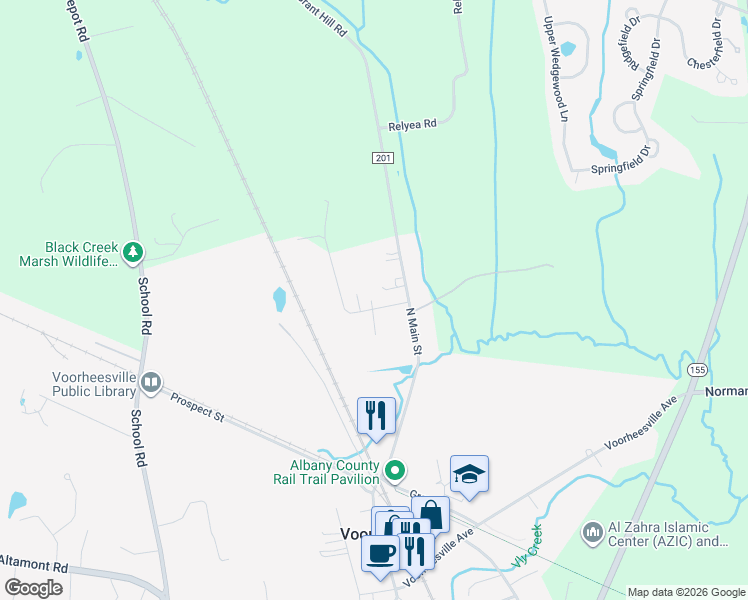 map of restaurants, bars, coffee shops, grocery stores, and more near 3 West Street in Voorheesville